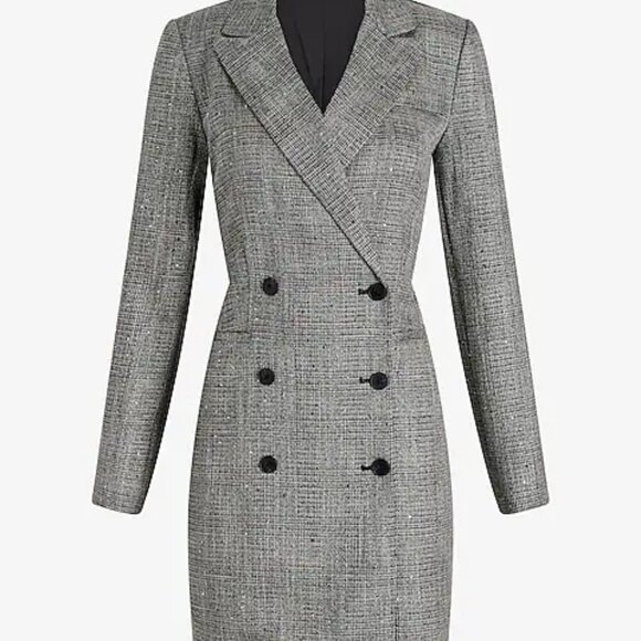 🎄 NWT 🛍️ EXPRESS SEQUIN PLAID DOUBLE BREASTED HOLIDAY TWEED LIKE BLAZER DRESS - Picture 2 of 6